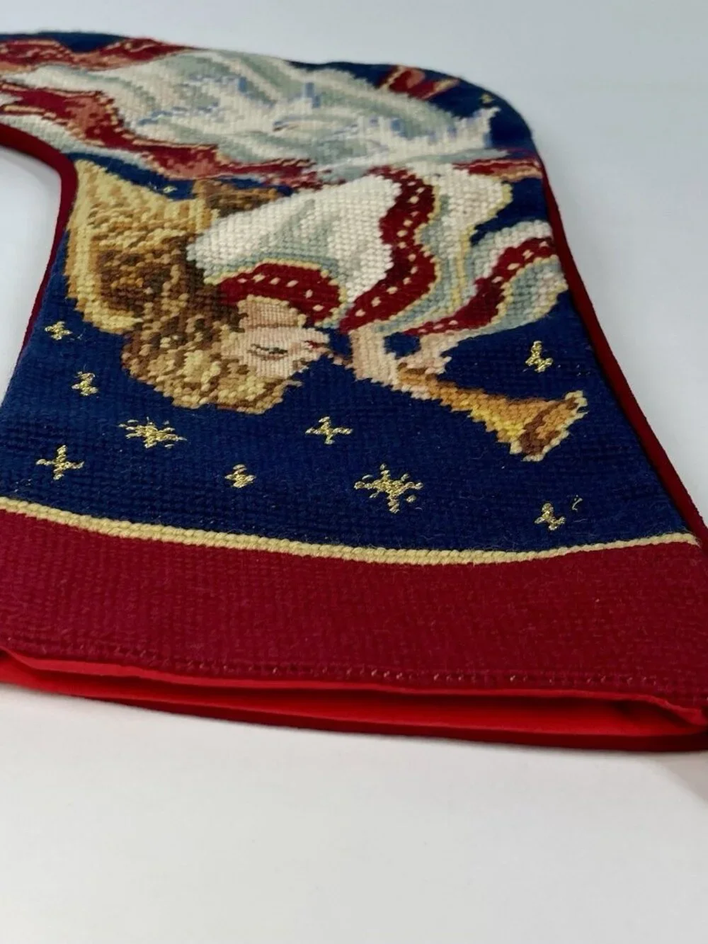 Vintage Imperial Elegance Wool Needlepoint Christmas Angel Stocking Velvet Red